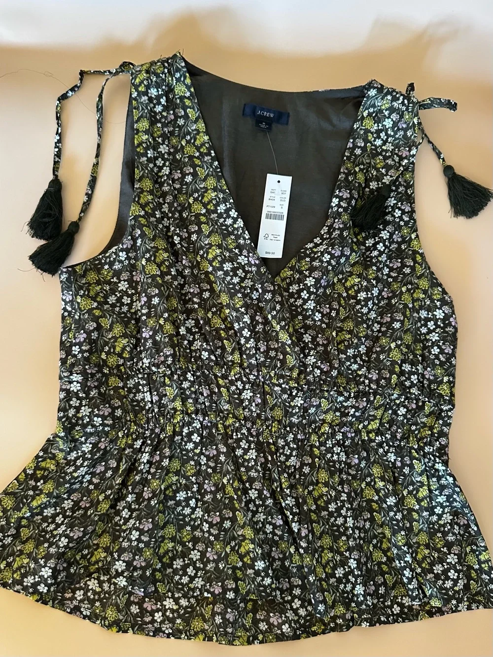J. Crew Black Floral Tie-Shoulder Sleeveless Top